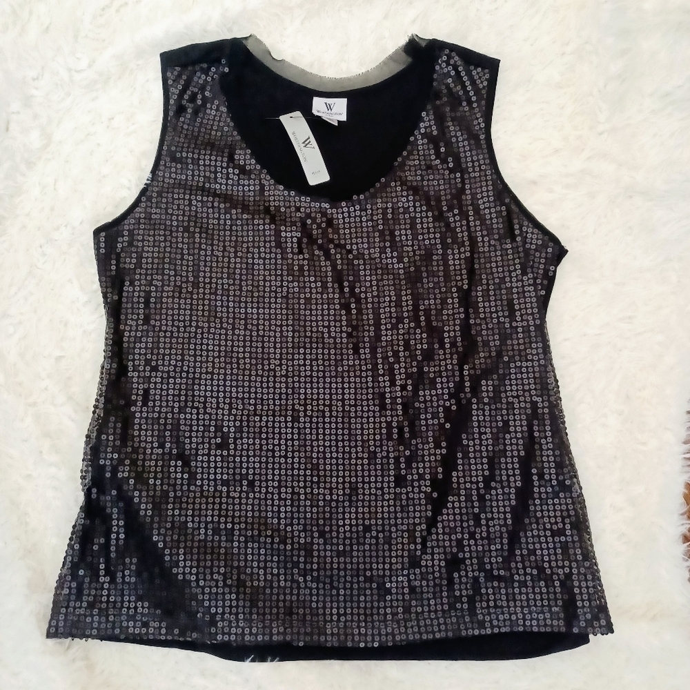 WORTHINGTON Matte Black Sequined  Top Sz Petite NWT